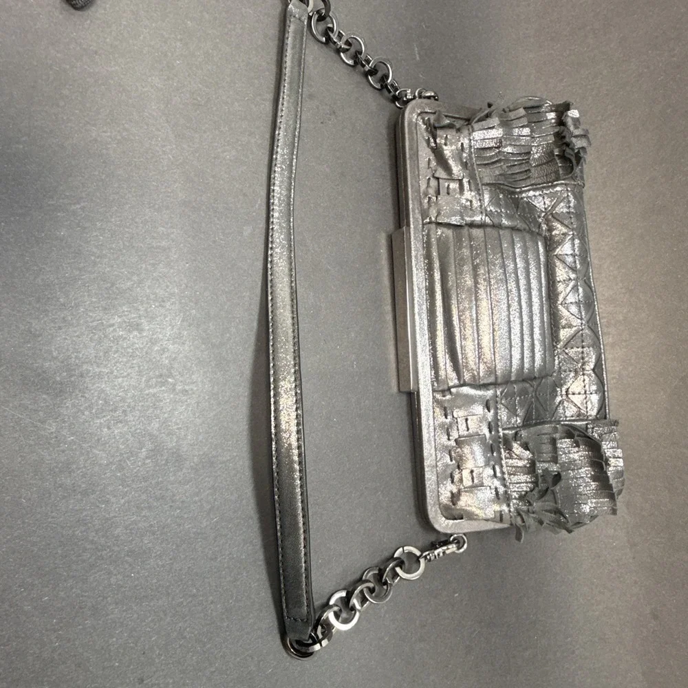 David & Scotti Metallic Gray Shoulder Fringe Metal Handle Handbag Purse w Mirror
